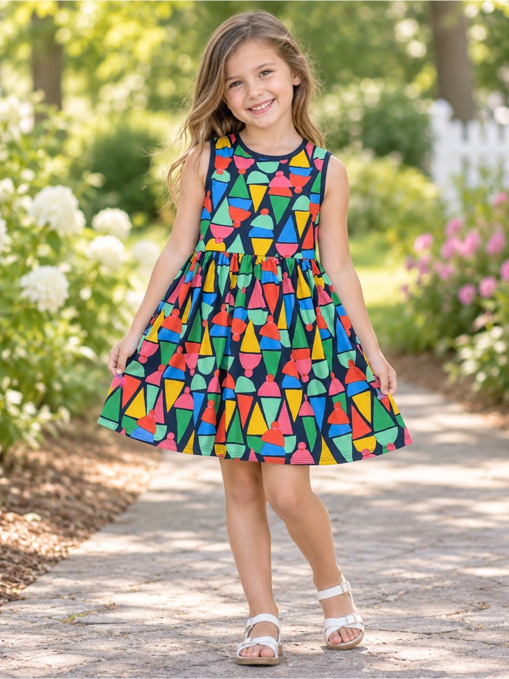Hanna Andersson Girls 120 US 6-7 Colorful Geometric Print Sleeveless Dress